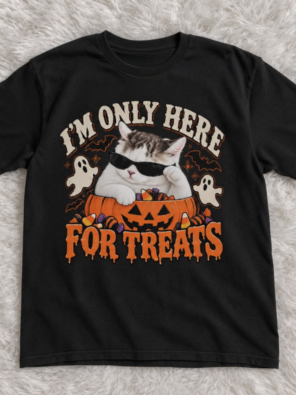 Orange Pumpkin & White Ghosts Gildan Black Halloween Cat Tee Graphic